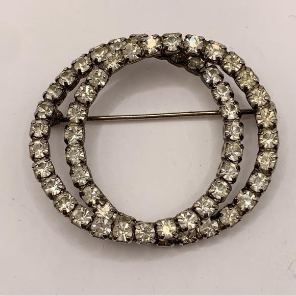 Vintage clear rhinestone double circle brooch pin - Picture 3 of 8